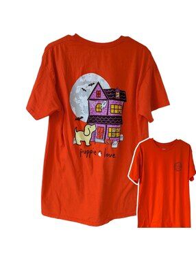 Puppie Love Halloween T-Shirt Mens Large Orange Haunted House Dog Rescue 21x30.5
